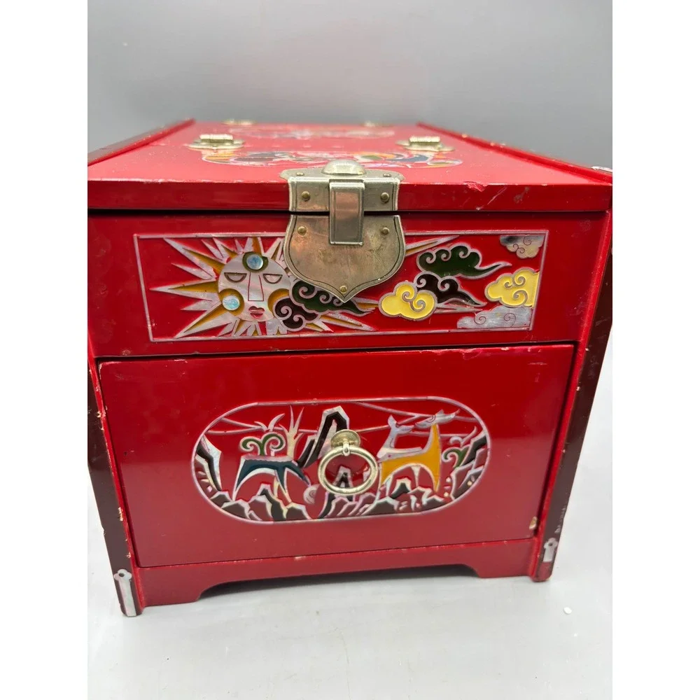 Vintage Red Lacquer Jewelry Box Sun‎ Moon Deer Inlay Brass Accents Asian